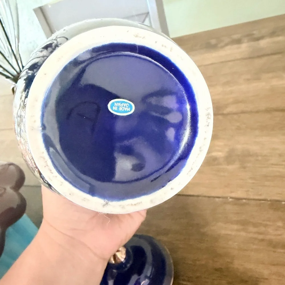 Vintage Cobalt Blue Porcelain Ginger Jar Hand Painted Gold Trim Floral Bird Deco